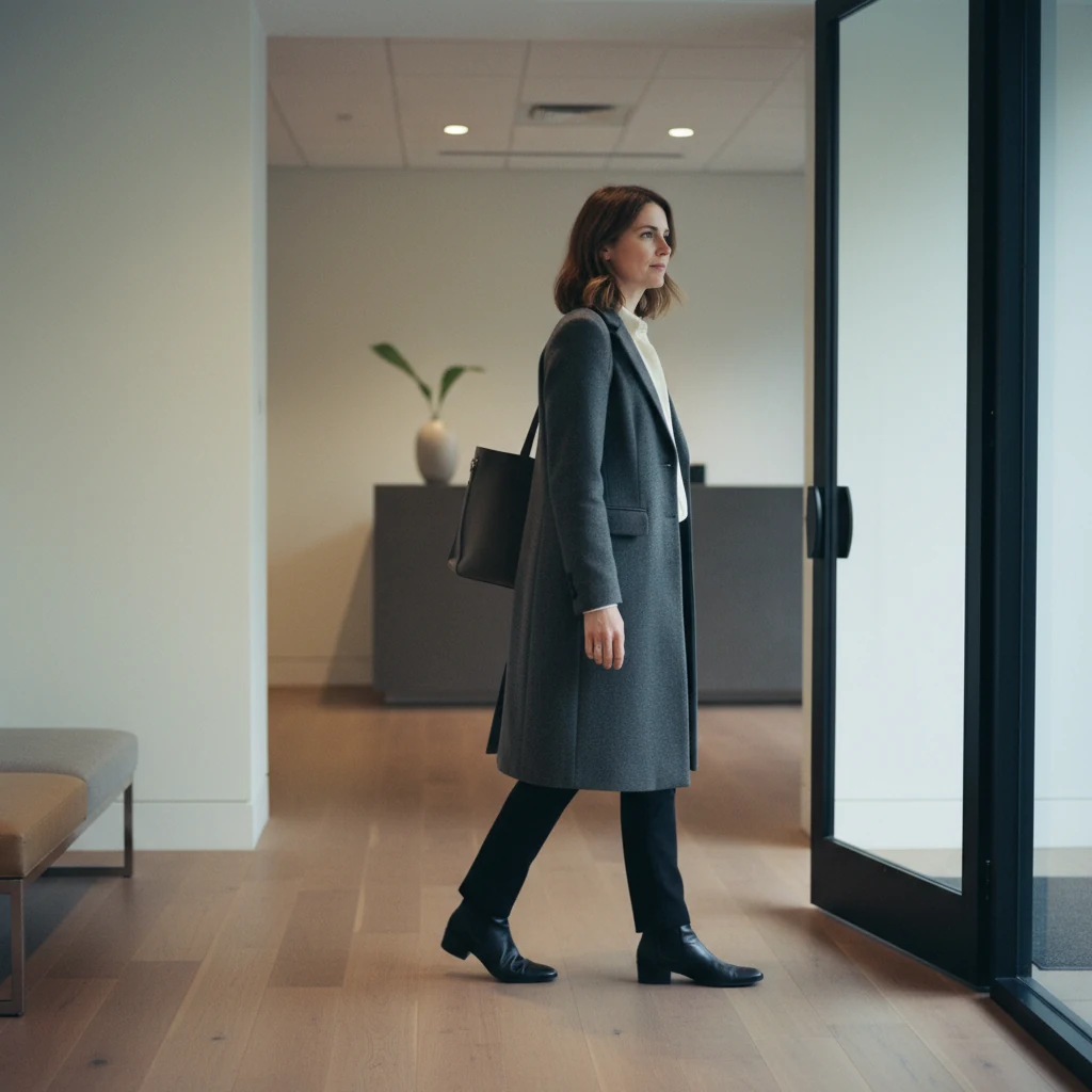 A professional woman in her early thirties walks through the glass entrance of a modern small professional-services office lobby on a weekday morning, mid-step, carrying a slim charcoal leather tote bag, with a walnut wood floor and a reception area visible in soft focus behind her, cool morning daylight streaming in from the entrance behind.