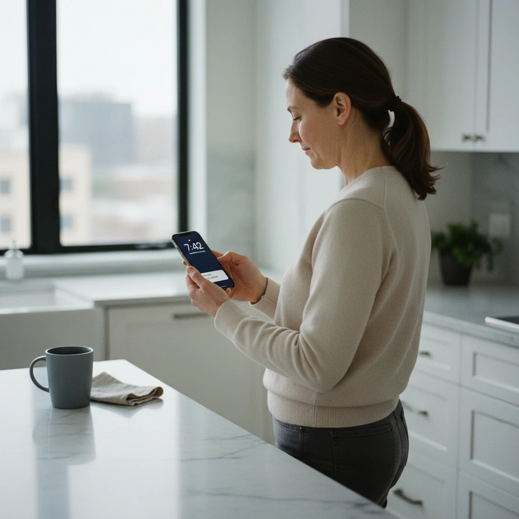 A professional woman in her mid-thirties stands at a modern marble kitchen counter in cool morning daylight, photographed from a three-quarter angle behind her right shoulder, mid-action glancing down at a phone lock screen that shows the time and a single short notification banner from a search agent.