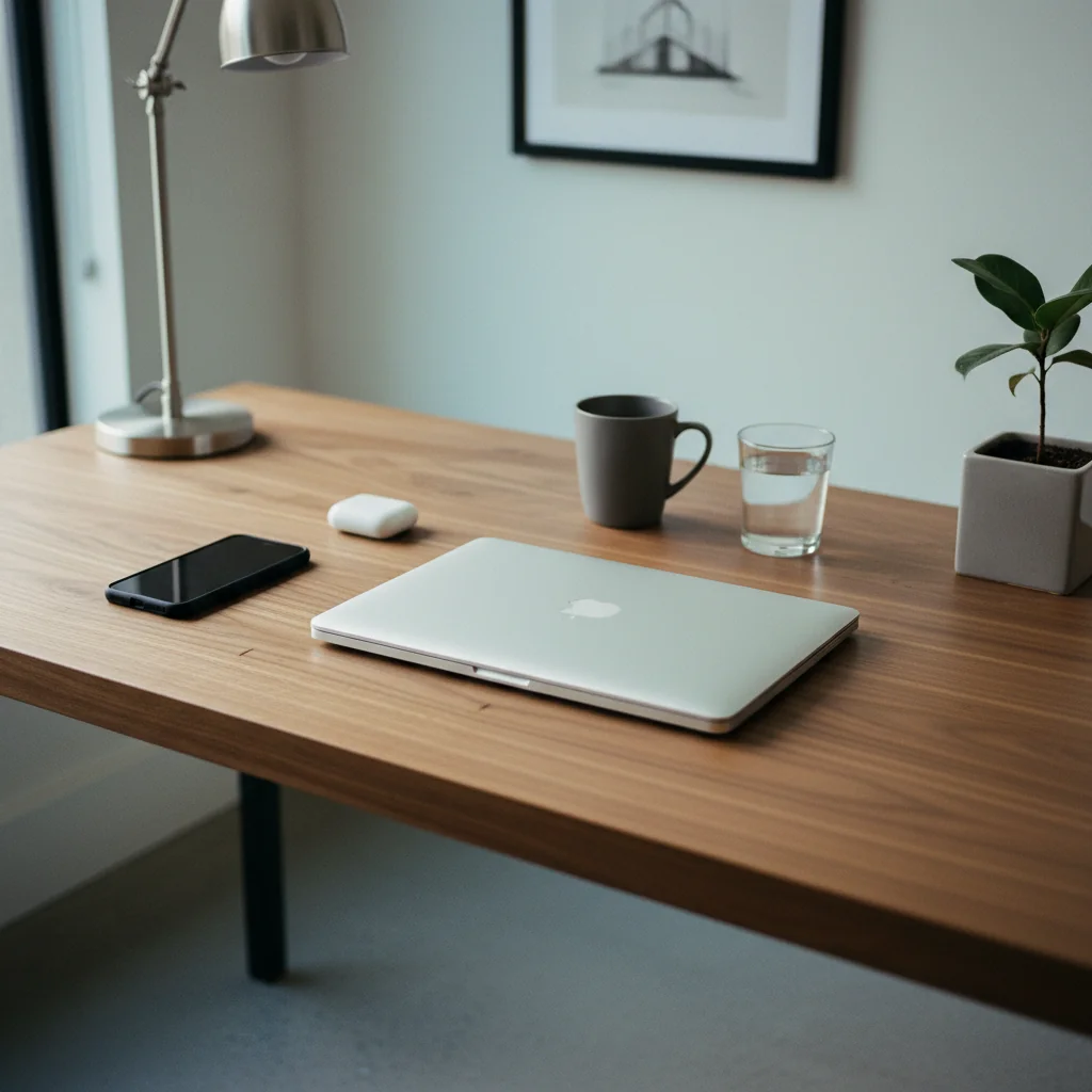 Overhead shot of an analyst's modern walnut desk between reporting sessions, with a closed silver MacBook, an iPhone face-down, a plain matte ceramic mug, a water tumbler, and a small fiddle-leaf shoot in a matte-grey ceramic pot.