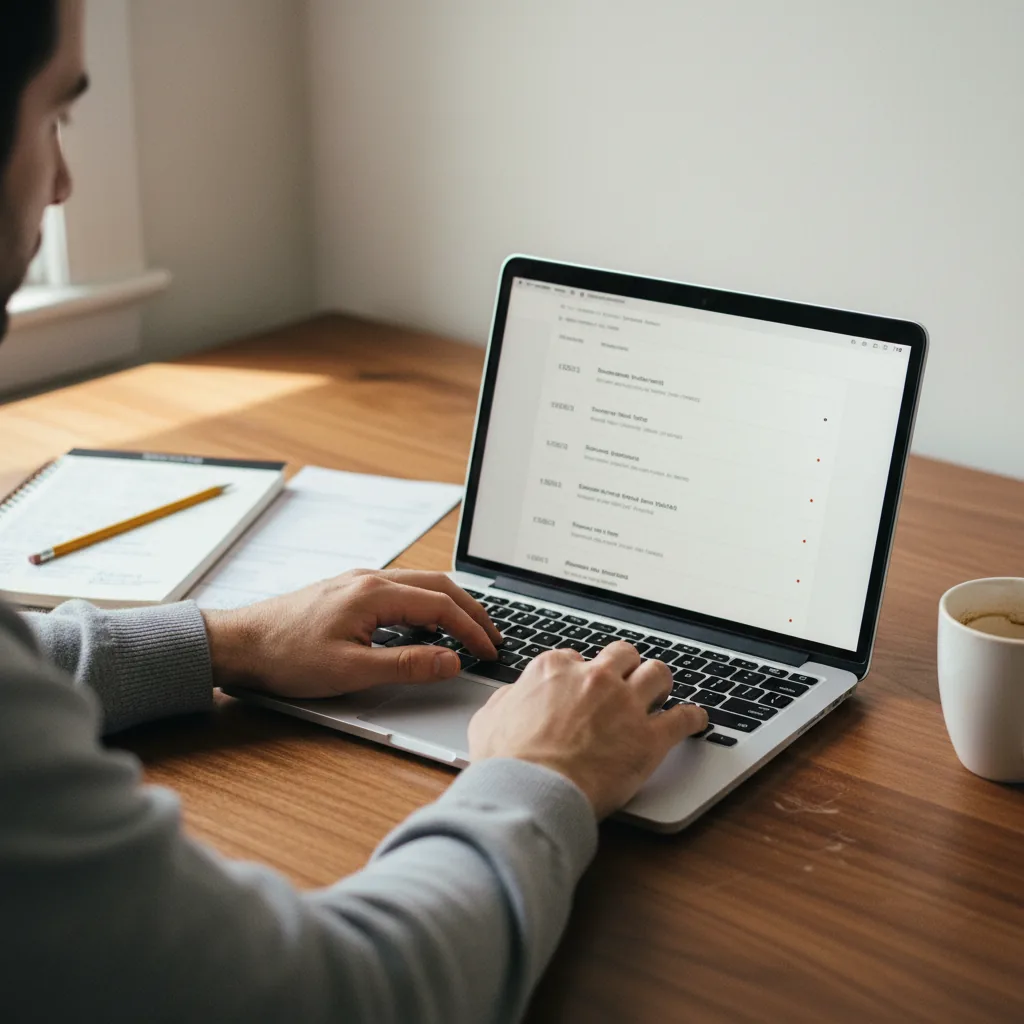 Overhead view of a printed monthly client report on a wooden desk with a hand holding a yellow pencil pointing at one specific row, and a half-full coffee mug at the corner of the frame.