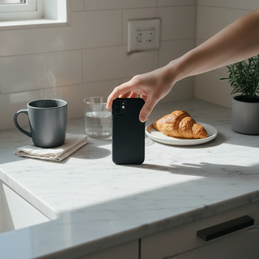 Modern marble kitchen counter at early morning with an iPhone resting face-down beside a slate-grey ceramic coffee mug with subtle steam, a small white plate with a croissant, and a hand fingertip just touching the back of the phone case.