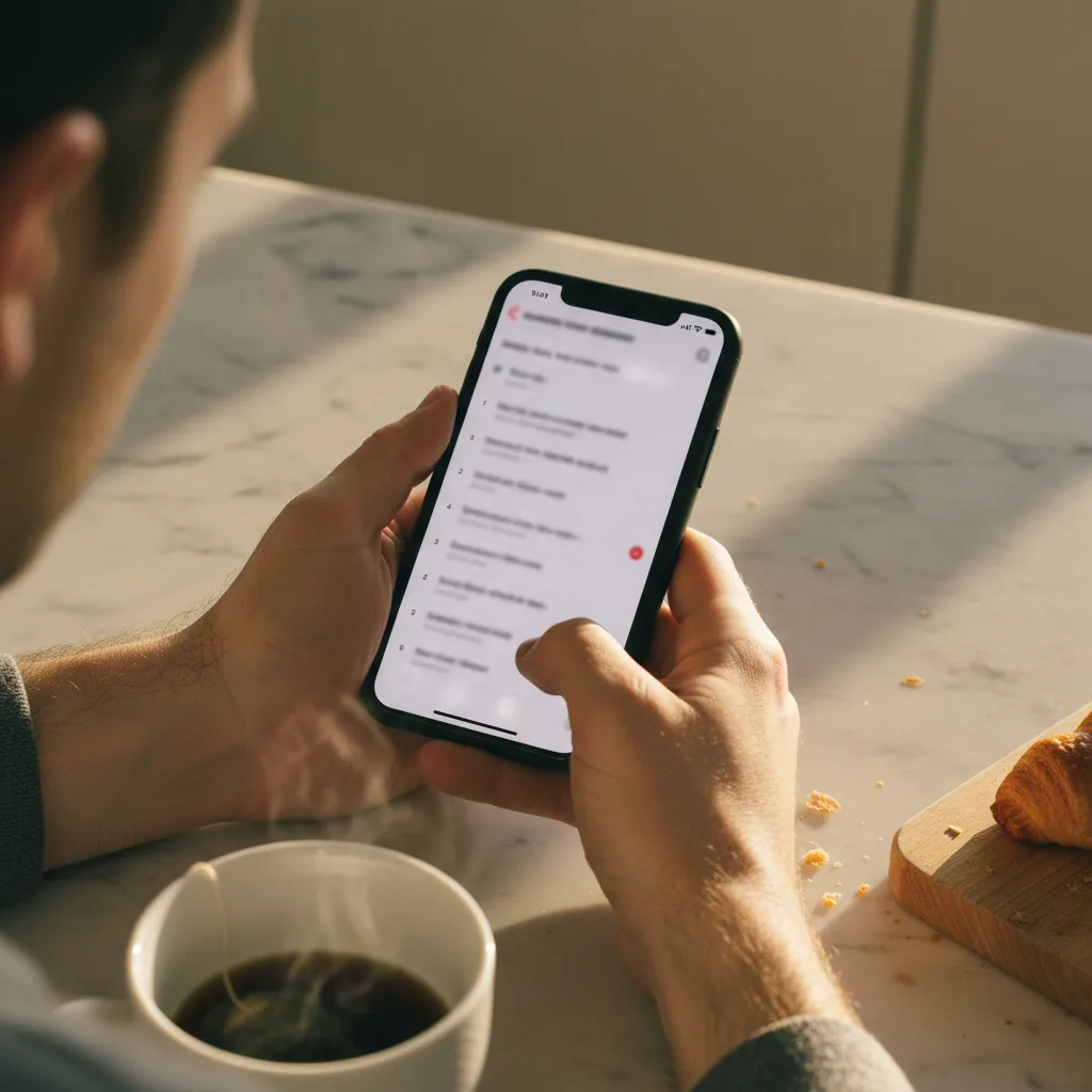 Hands holding a smartphone showing a clean email view with horizontal summary rows, on a marble kitchen counter with a steaming coffee mug and a croissant in soft morning light.
