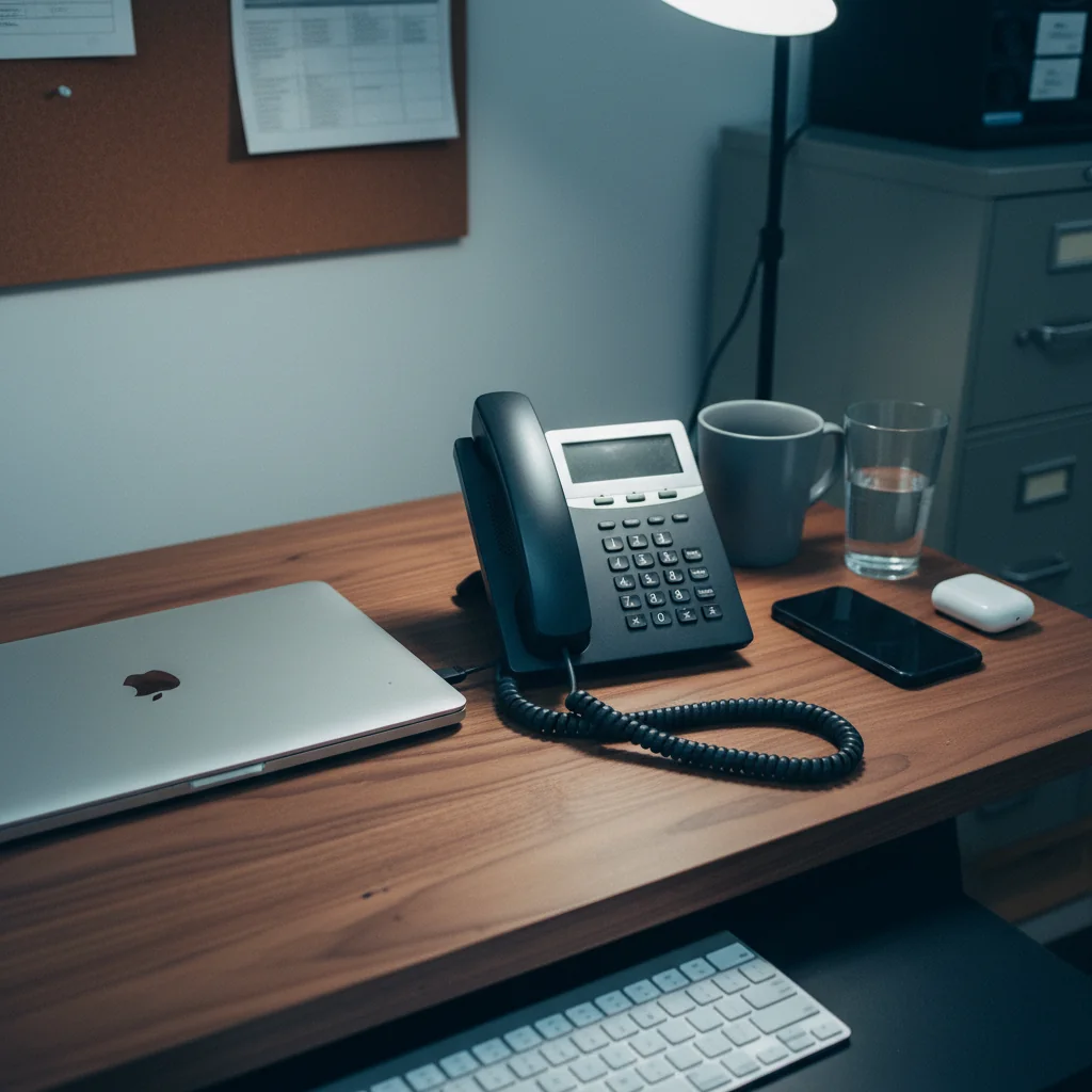 Tight overhead shot of a small-business back-office desk with a wired desk telephone centered in frame, a closed silver MacBook beside it, a face-down iPhone, a plain matte ceramic coffee mug, and a printed-memo corkboard soft-focused on the wall behind.