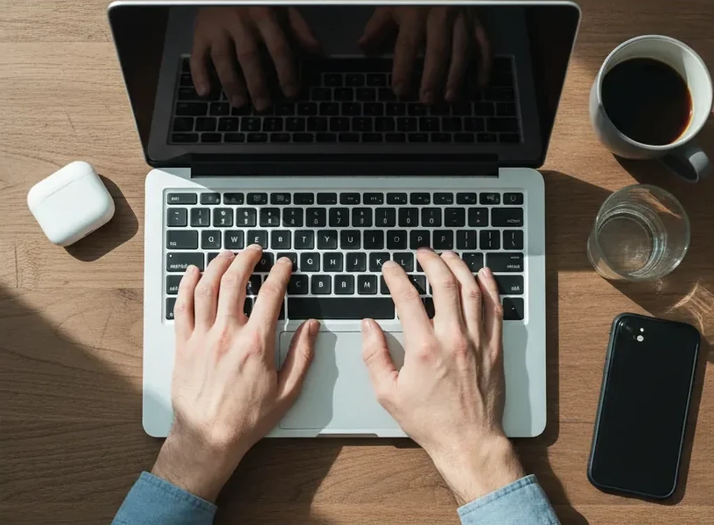Tight overhead view of two hands mid-keystroke on a modern silver MacBook keyboard, with the laptop screen visible at the top of the frame and a matte ceramic coffee mug, glass of water, AirPods case, and face-down iPhone arranged around the laptop on a walnut desk.