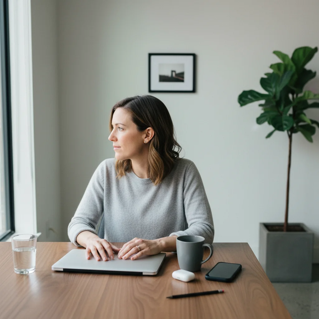 Female small-business operator at a modern home-office desk in three-quarter profile, hands resting on a closed silver MacBook, looking thoughtfully out a window with cool morning daylight cast across her cheekbone.