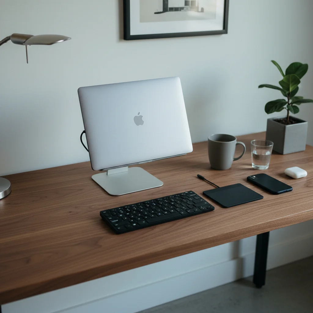 Tight overhead shot of a developer's modern walnut desk with a closed silver MacBook elevated on an aluminum laptop stand, a slim mechanical keyboard and wired trackpad in front, a plain matte coffee mug, face-down iPhone, AirPods case, and a small fiddle-leaf plant at the edge.