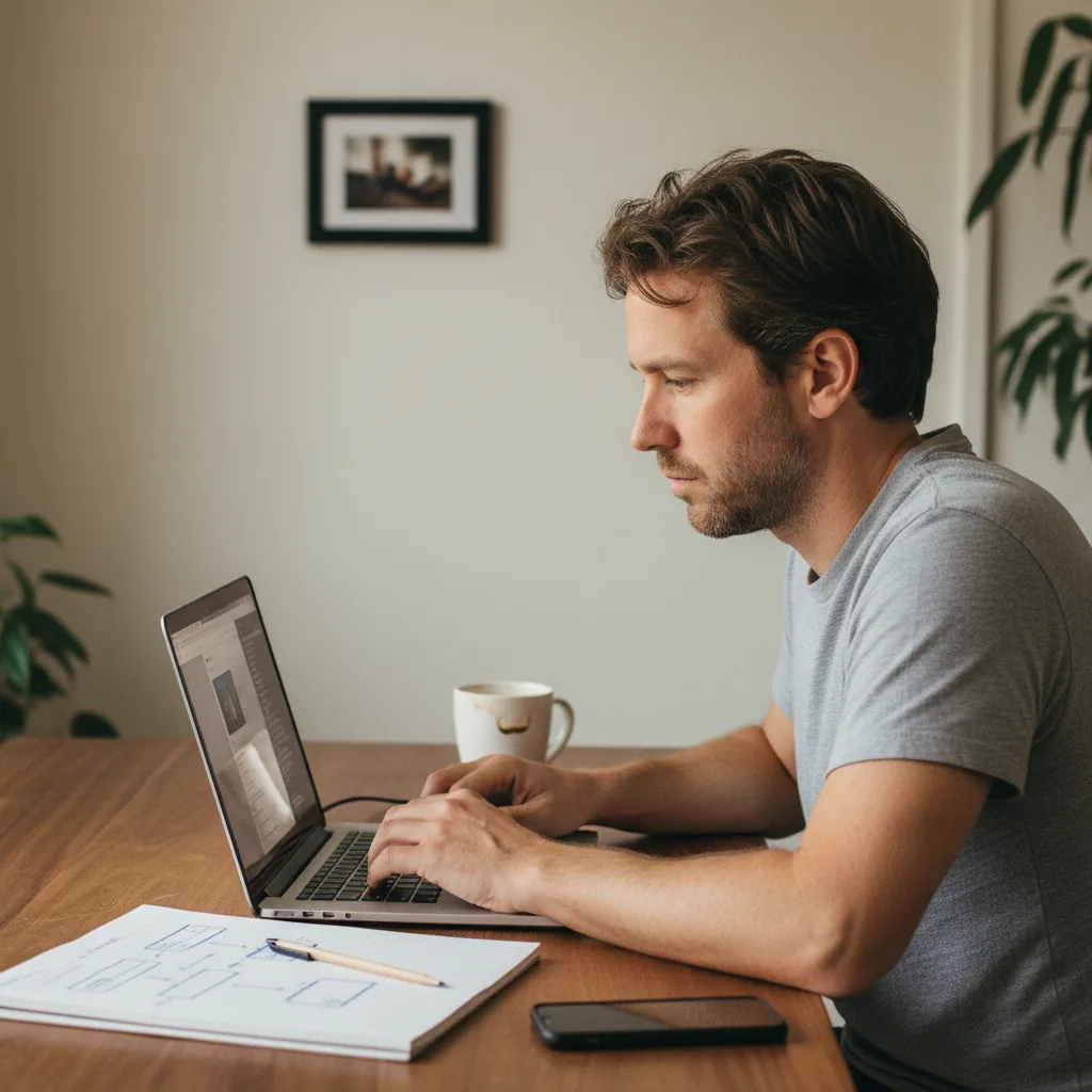 Top-down view of a designer's workspace with an open laptop showing a dark code editor, hand-drawn website wireframe sketches on paper, a coffee mug, a pencil, and a notebook.
