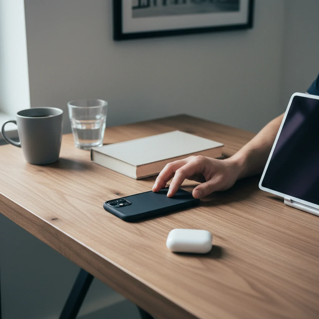 Overhead shot of a modern walnut desk with an iPhone resting face-down beside a closed linen-cover book, a matte ceramic coffee mug, and a fingertip just touching the back of the phone case.
