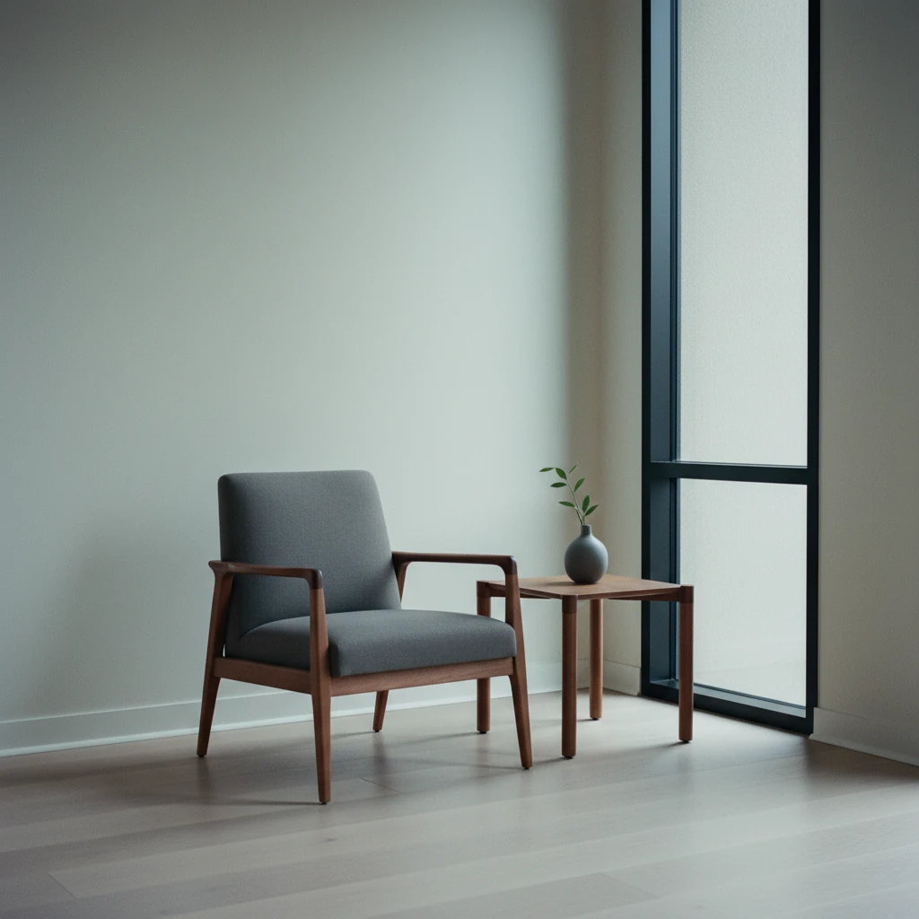 A quiet modern professional services reading nook featuring a mid-century-modern armchair with charcoal-grey fabric and walnut legs, a slim walnut side-table holding a small ceramic vase with a single green shoot, set against a plain cream wall with cool morning daylight pouring in from a tall narrow black-framed window onto a polished pale oak floor.