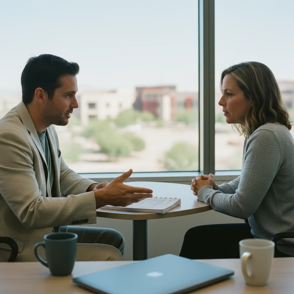 Two professionals seated at a modern conference table in a Phoenix office, mid-conversation. One leaning forward explaining toward stapled printed pages on the table; the other across the table listening. Open laptop angled away from camera, two plain ceramic coffee cups.
