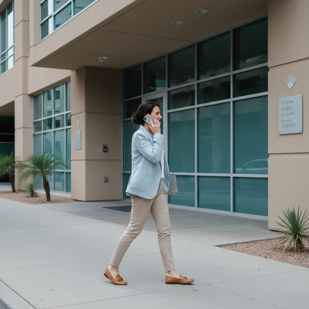 A woman in business-casual wardrobe exiting a modern Phoenix office building entrance onto a sidewalk, phone raised to her ear mid-call, side profile in cool diffused daylight.